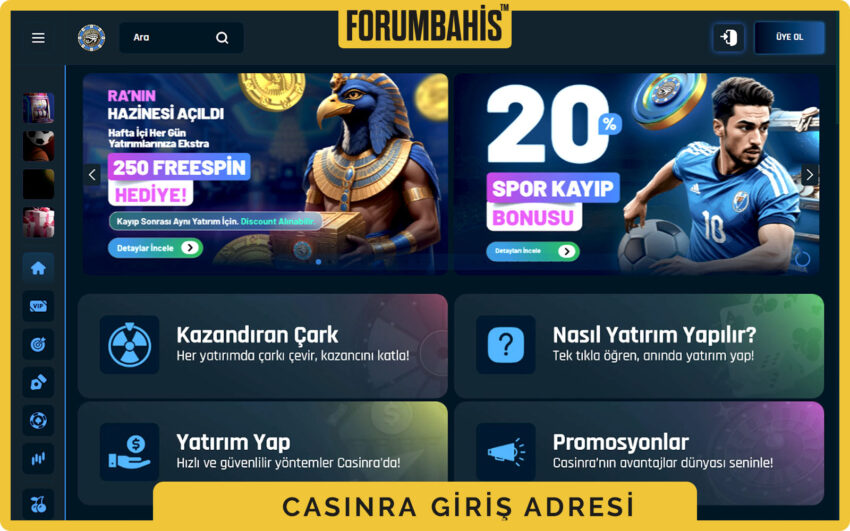 Casinra ana ekran, footer bölümünde ödeme ikonları ve üstte giriş