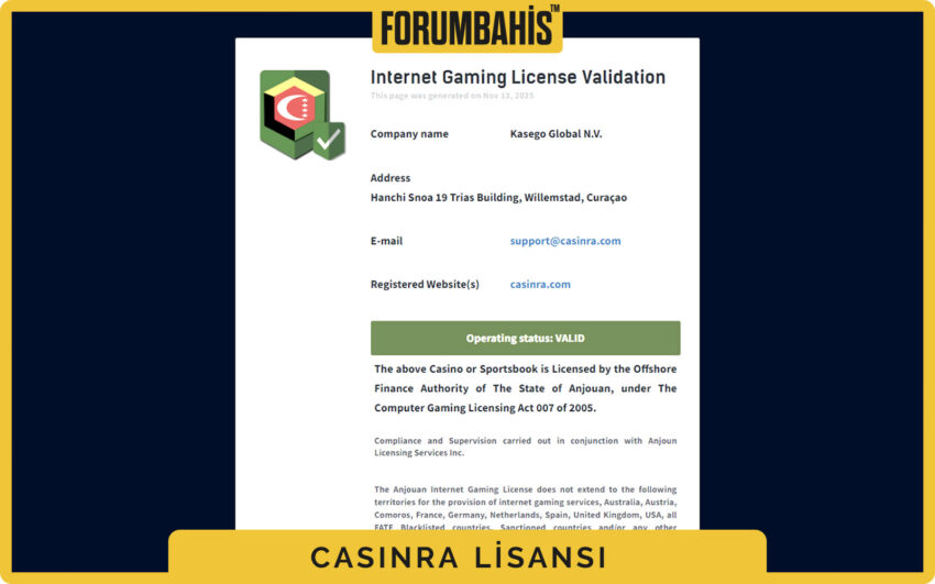 Casinra lisans bölüm başlığı, lisans numarası örneği ve açıklama metni