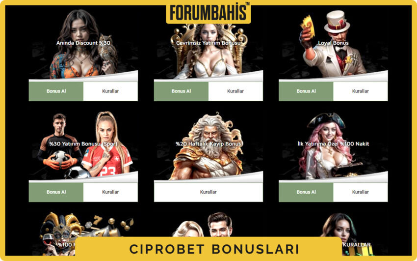 Ciprobet bonuslar genel görünüm, tüm bonus listesi ve filtre etiketleri