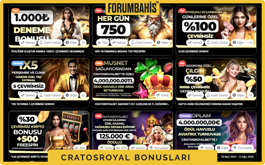 Cratosroyalbet bonuslar bölümü, yatırım bonus ve çevrim şartı etiketi