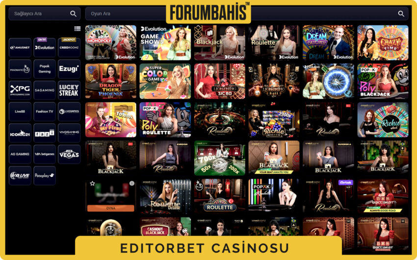 Editorbet mobil canlı casino lobisi, masa listesi ve dil seçenekleri
