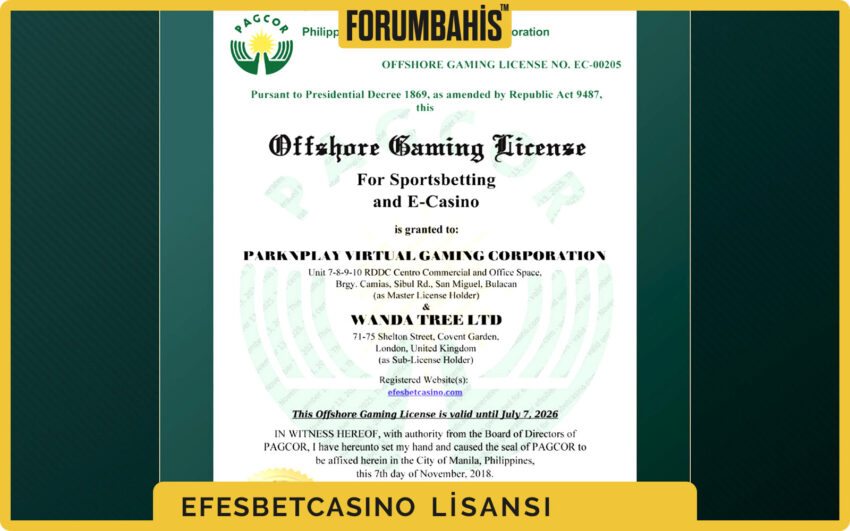 Efesbetcasino lisans banner’ı, lisansın kapsadığı ürün listesi ve notlar