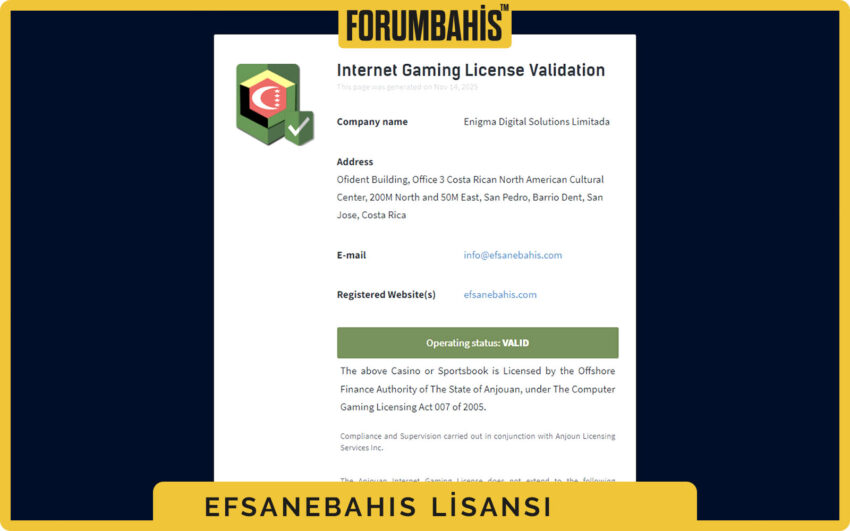 Efsanebahis lisans bilgi grafiği, lisans türü ve tescil tarihi ikonları