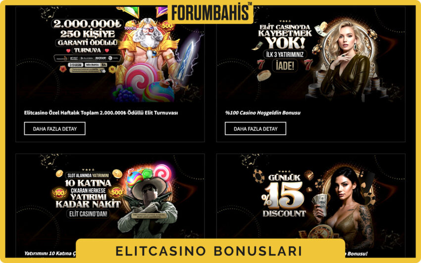 Elitcasino bonuslar genel görünüm, tüm bonus listesi ve filtre etiketleri
