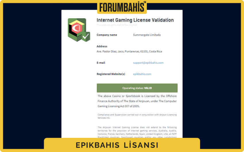 Epikbahis lisans bilgi grafiği, lisans türü ve tescil tarihi ikonları