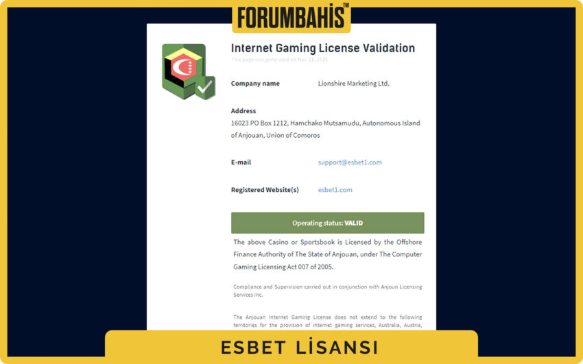 Esbet lisans sekmesi, geçerlilik kontrolü ve sertifika kimliği