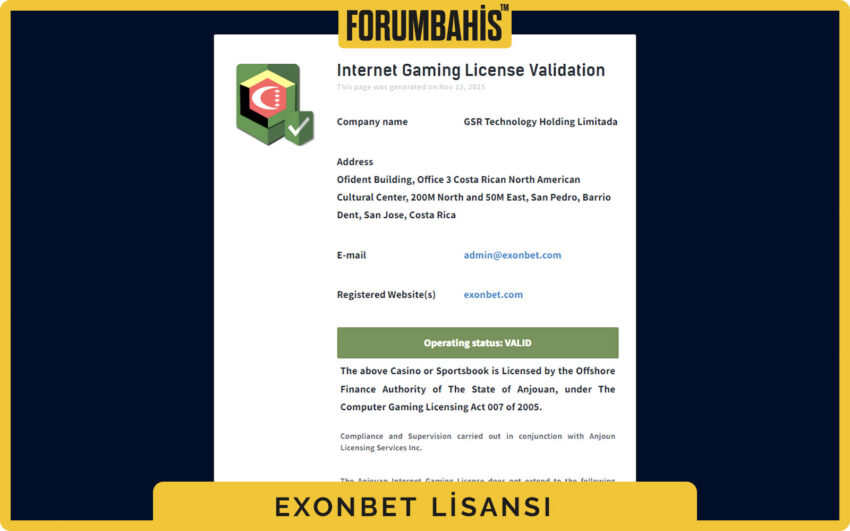 Exonbet lisans metni, lisans veren kurumun kısa açıklaması