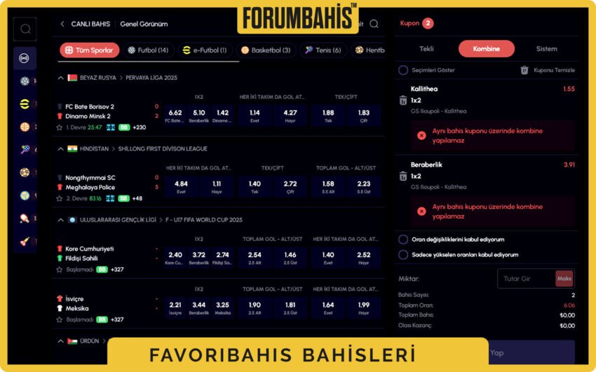 Favoribahis mobil arama kutusu, lig ve takım adı filtreleme sonuçları