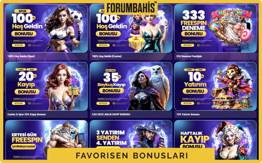 Favorisen bonuslar genel görünüm, tüm bonus listesi ve filtre etiketleri