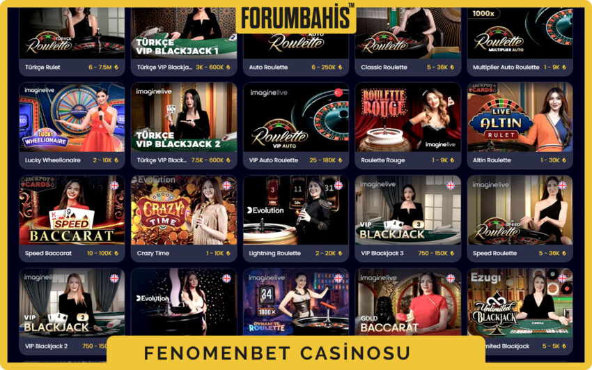 Fenomenbet casino ana sayfa ekran görüntüsü, slotlar ve canlı masalar
