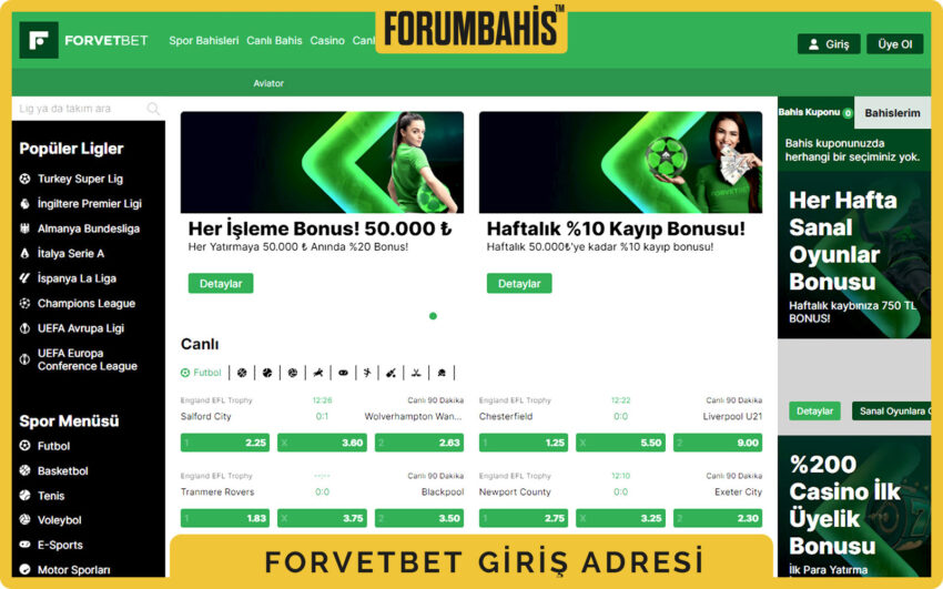 Forvetbet başlangıç ekranı, üst çubukta dil seçimi TR ve giriş butonu