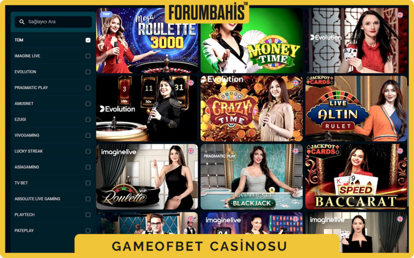 Gameofbet casino lobisi, rulet ve blackjack canlı masaları listesi