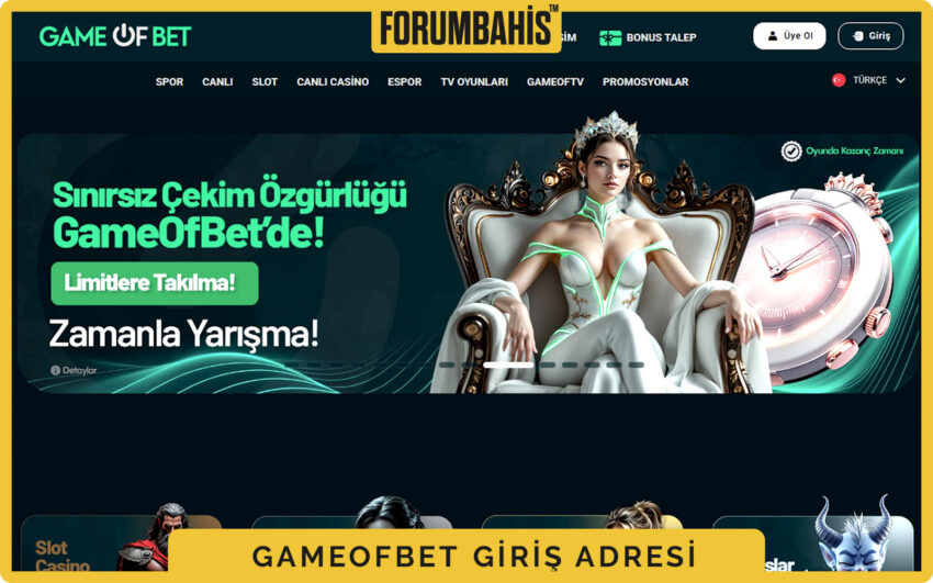 Gameofbet giriş sayfası, üst bilgilendirme bandı ve Güncel Adres linki