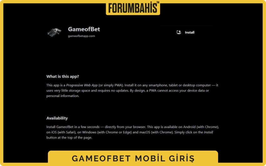 Gameofbet mobil uygulama indir sayfası, Android ve iOS ikonları görünür