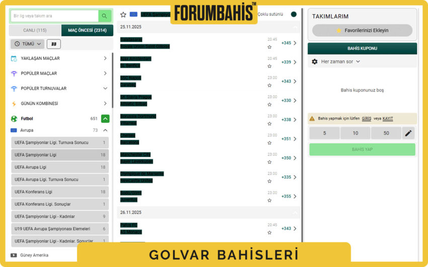 Golvar maç öncesi ve canlı oranlar, üstte spor bahis filtreleri