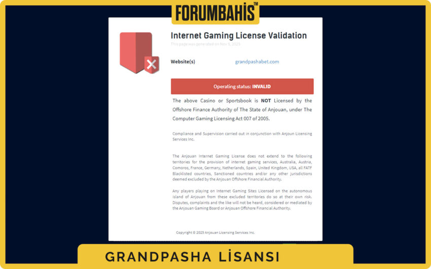 Grandpashabet lisans statüsü, güncellenme tarihi ve referans numarası