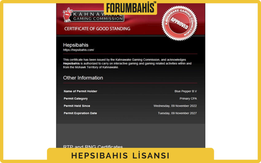 Hepsibahis lisans sayfası, lisans sahibi şirket unvanı ve vergi kaydı notu