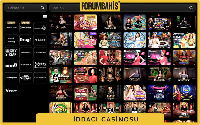 Iddaci casino genel ekranı, slotlar, canlı masalar ve sağlayıcı filtreleri