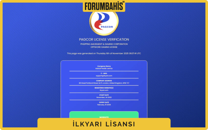 Ilkyari lisans ekranı, canlı casino için lisans kapsamı ve notlar