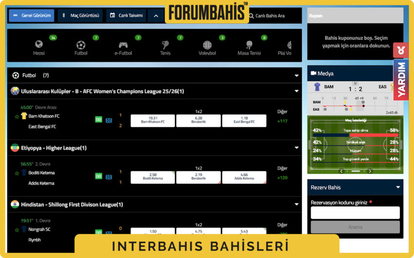 Interbahis bahis ekranı genel görünüm, sol menü ligler orta alanda oranlar sağda kupon