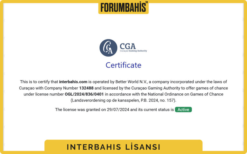 Interbahis lisans detayı, B2C lisans türü ve kayıt numarası kutusu