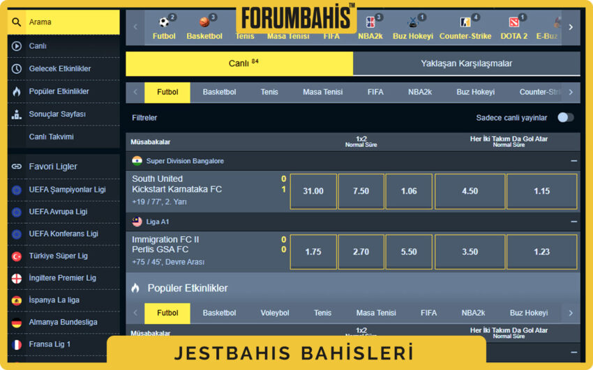 Jestbahis bahis ekranı genel görünüm, sol menü ligler orta alanda oranlar sağda kupon