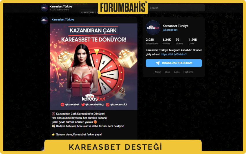 Kareasbet alt bilgi alanı, sosyal ikonlar ve 7/24 destek ifadesi