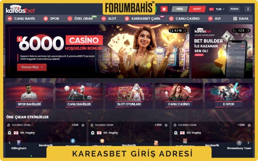Kareasbet giriş sayfası, üst menüde Spor, Canlı, Casino sekmeleri ve giriş butonu