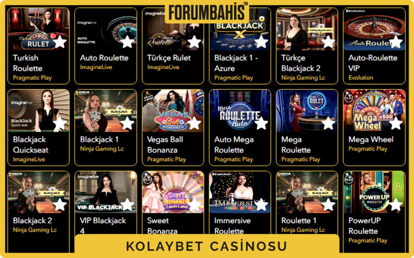 Kolaybet casino ana sayfa ekran görüntüsü, slotlar ve canlı masalar