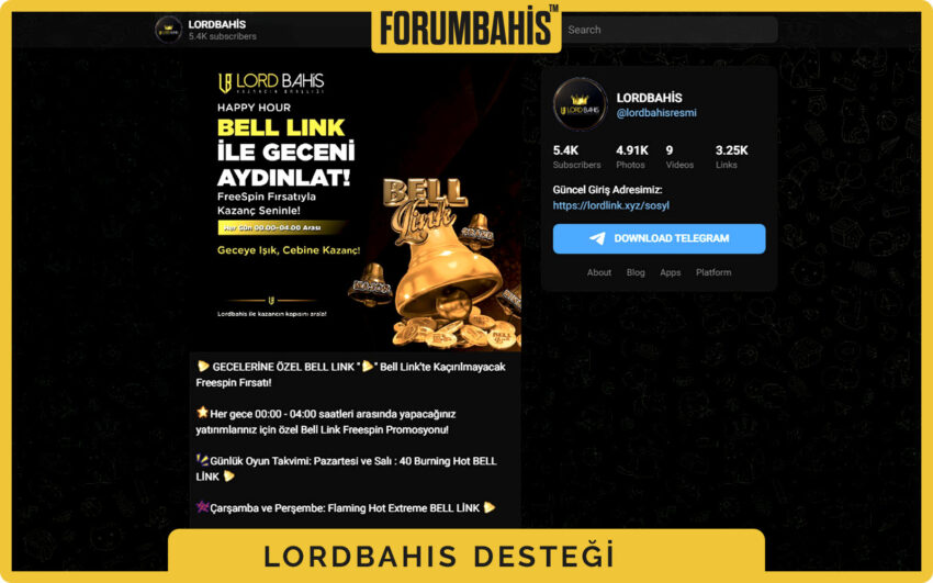 Lordbahis Telegram sohbet penceresi görseli, hızlı moderasyonlu destek