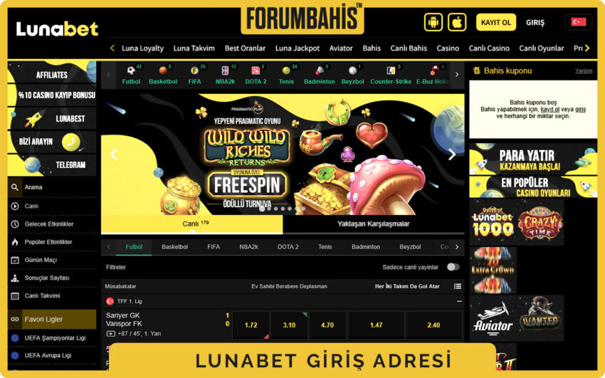 Lunabet ana ekran, footer bölümünde ödeme ikonları ve üstte giriş