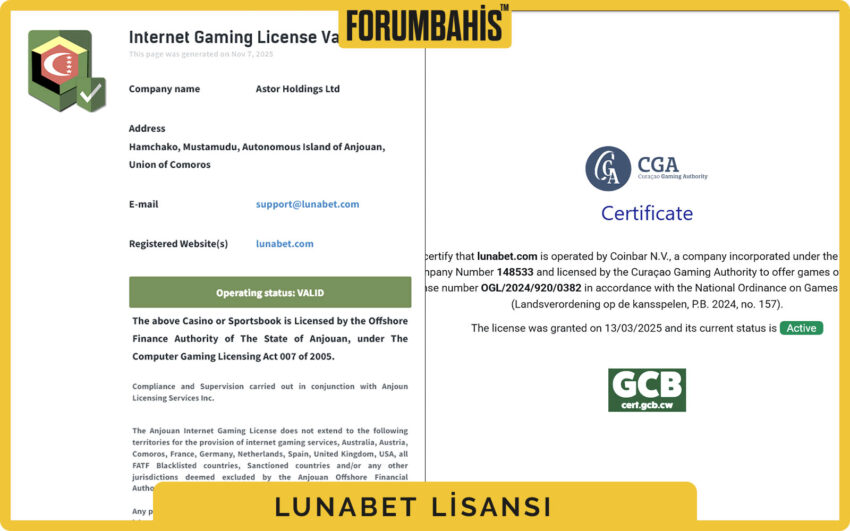 Lunabet lisans yardım metni, lisans doğrulama adımları ve uyarılar