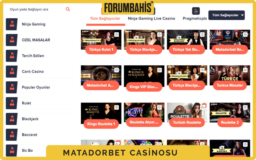 Matadorbet casino oyun kartları, sağlayıcı logosu ve oynama butonu