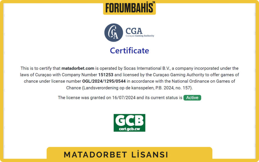 Matadorbet lisans kartı, lisans veren otorite ve geçerlilik tarih aralığı