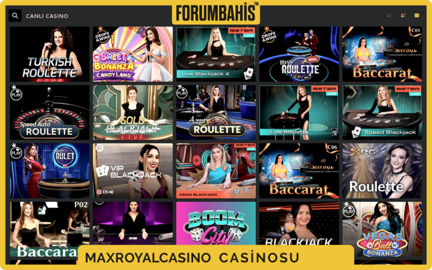Maxroyalcasino casino genel ekranı, slotlar, canlı masalar ve sağlayıcı filtreleri