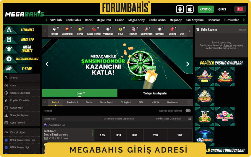 Megabahis mobil ana sayfa ekranı, üstte giriş ve kayıt butonları