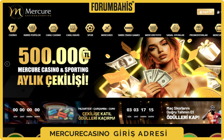 MercureCasino açılış ekranı, cookie bilgilendirme barı ve giriş butonu görünür