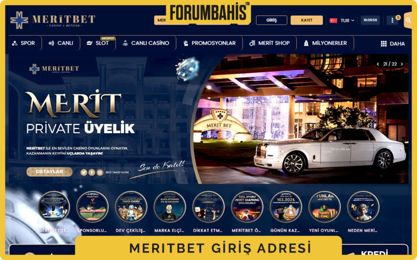 Meritbet ana sayfa yerleşimi, sol menü kategorileri ve giriş butonu vurgulu