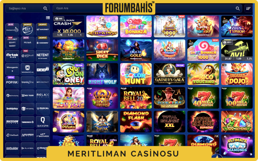 Meritlimancasino casino sayfası, slot sağlayıcıları ve kategori filtreleri görünür