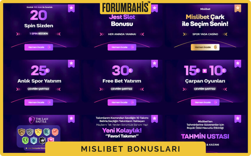 Mislibet bonuslar bölümü, yatırım bonus ve çevrim şartı etiketi