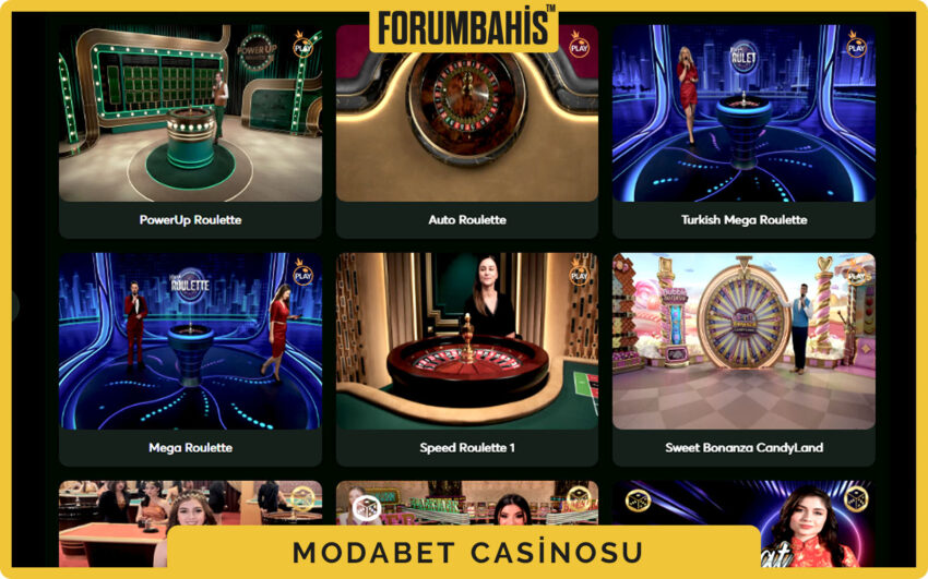 Modabet casino oyun kartları, sağlayıcı logosu ve oynama butonu