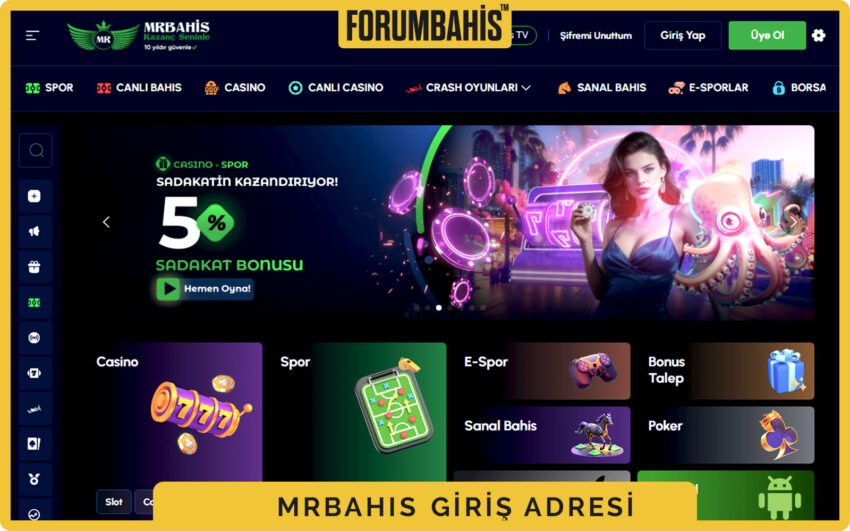 Mrbahis mobil genel görünüm, üstte logo altta hızlı giriş ve kupon kısayolu