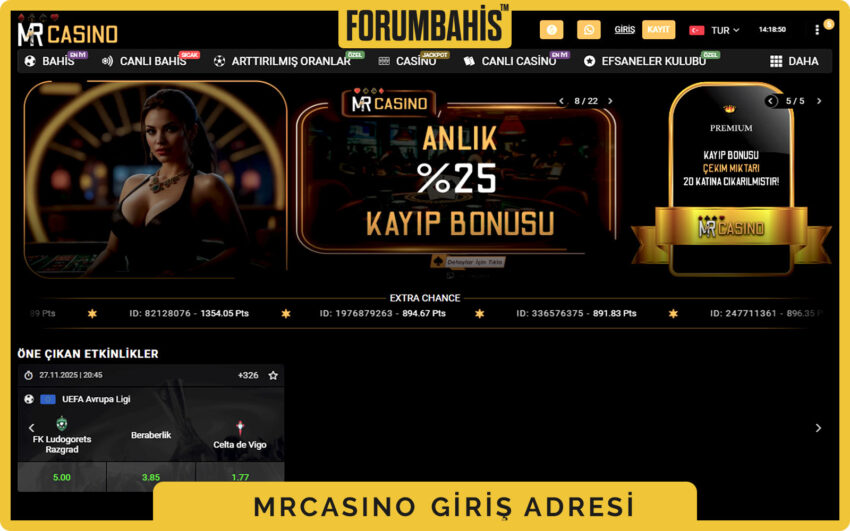 Mrcasino başlangıç ekranı, üst çubukta dil seçimi TR ve giriş butonu