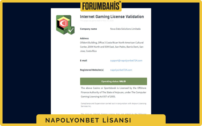 Napolyonbet lisans tabı, ülke kodu ve lisansın geçerli olduğu bölgeler