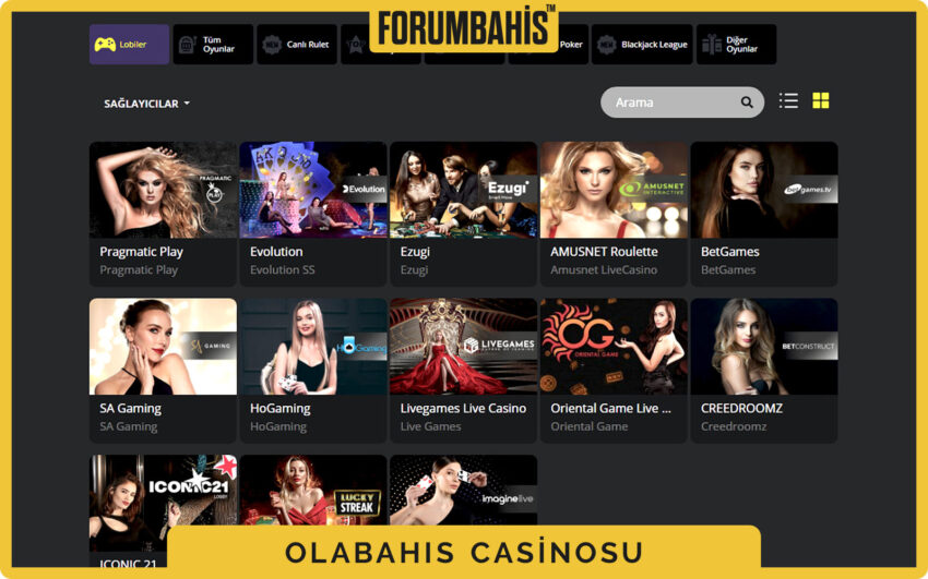 Olabahis casino sayfası, slot sağlayıcıları ve kategori filtreleri görünür