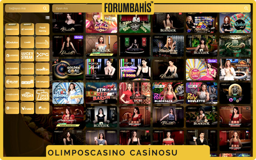 Olimposcasino casino sayfası, slot sağlayıcıları ve kategori filtreleri görünür
