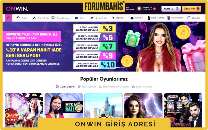 Onwin ana sayfa, koyu yeşil başlık alanı, sağ üstte profil simgesi ve giriş bağlantısı