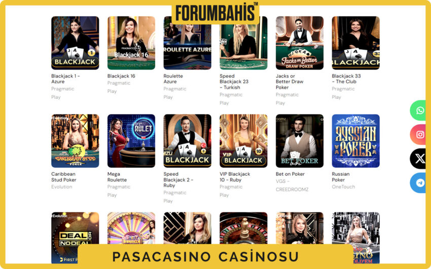 Pasacasino casino genel ekranı, slotlar, canlı masalar ve sağlayıcı filtreleri