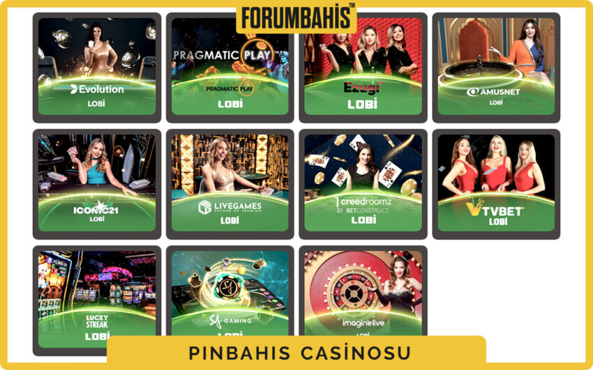 Pinbahis casino genel ekranı, slotlar, canlı masalar ve sağlayıcı filtreleri