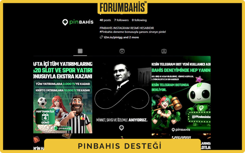 Pinbahis destek sayfası ekran görüntüsü, Instagram ve Telegram ikonları